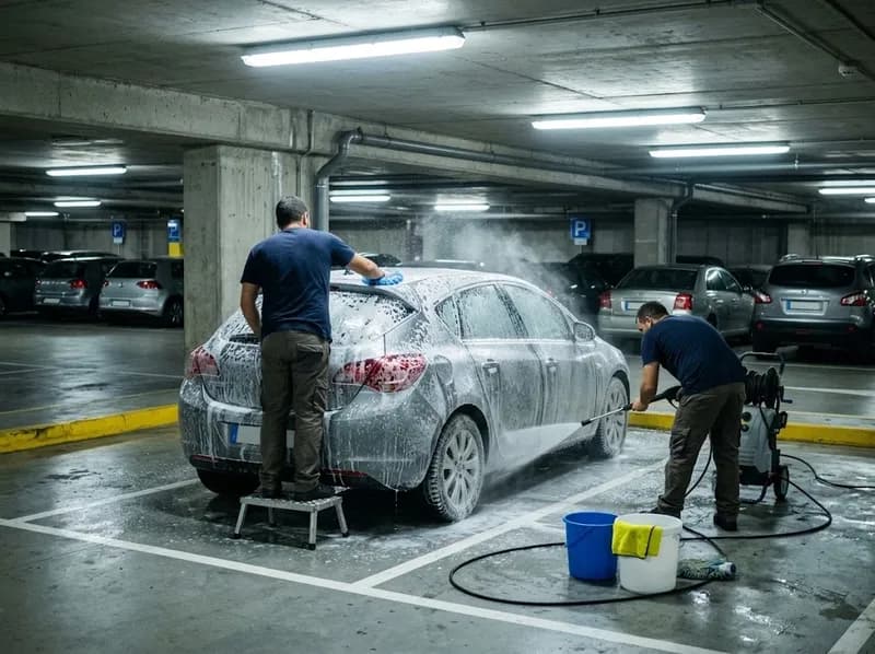 Mãos a lavar a porta de um carro com uma luva de microfibra