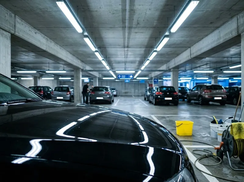 Capô polido a refletir as luzes do teto