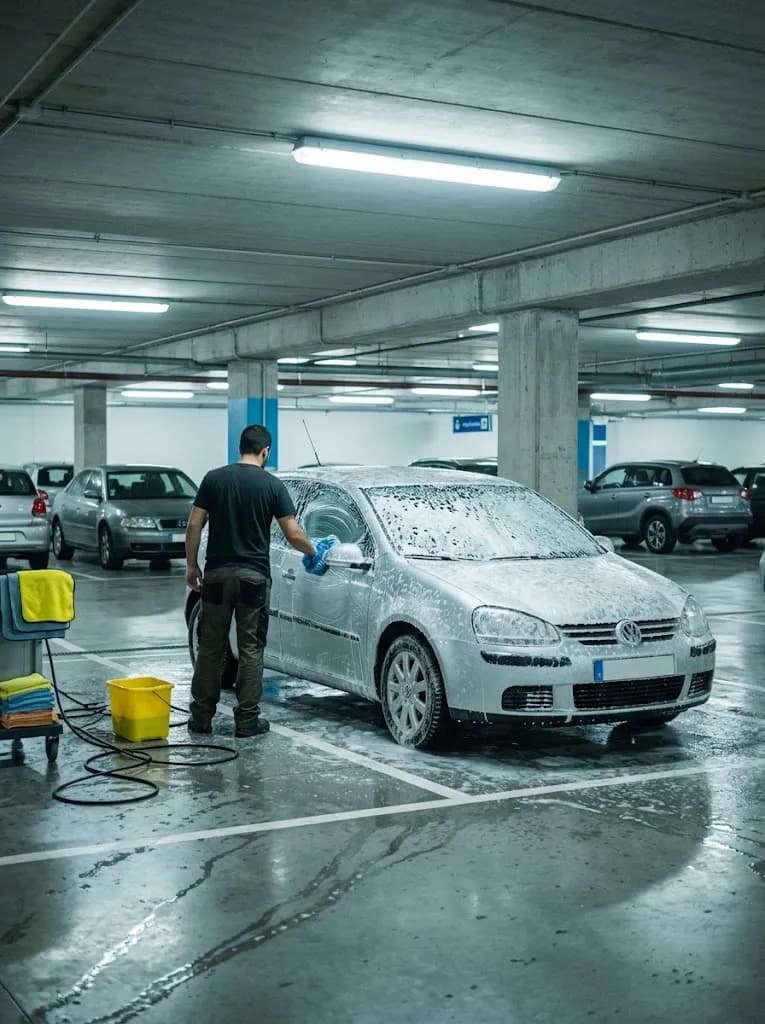 Carro coberto de espuma a ser lavado à mão num lugar do parque